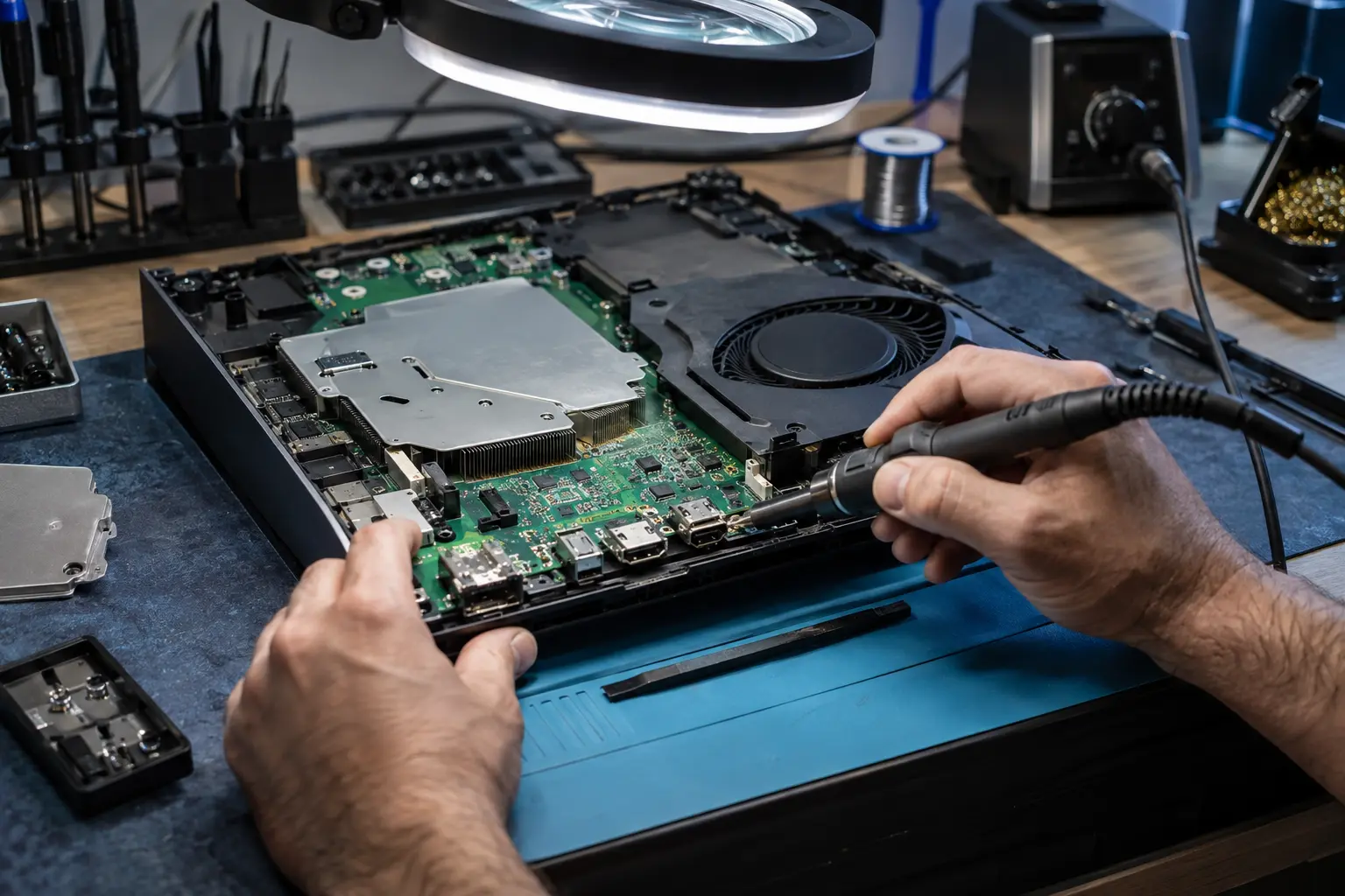 Réparation minutieuse d’une console de jeu en atelier